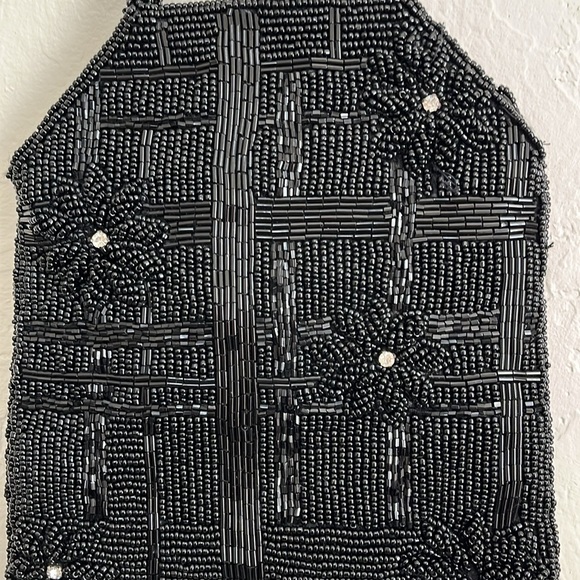 Vintage Unbranded Womens Art Deco Micro Beaded Hand Bag Black Rhinestone Accents - Picture 8 of 11